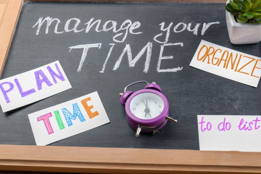 Manage your time concept with notes saying plan, organize, and to-do list beside a clock, symbolizing exam study planning.