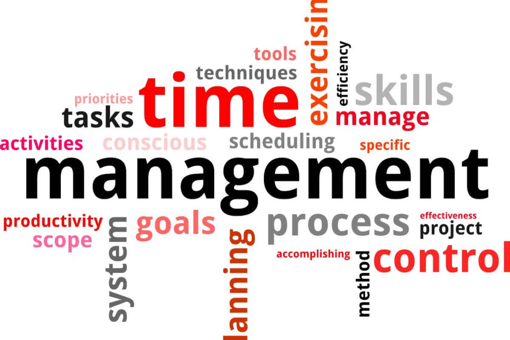 Time management word cloud showing key study and productivity terms for effective exam preparation.