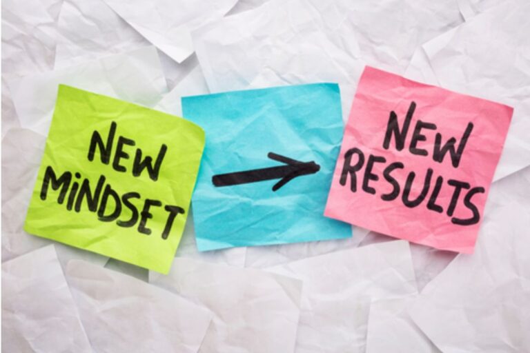 Colourful sticky notes showing “New Mindset” leading to “New Results,” representing study skills and mindset coaching for students.