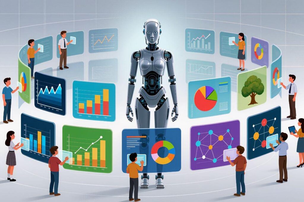 Illustration of students interacting with an AI robot and digital graphs, symbolising the ethics of using ChatGPT for maths learning and homework.
